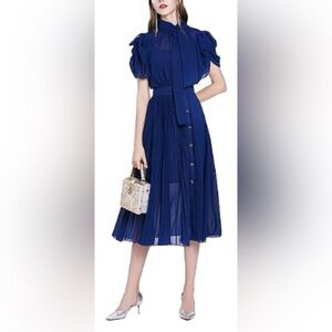 Chic Navy Long Sleeve Dress with Button Detail